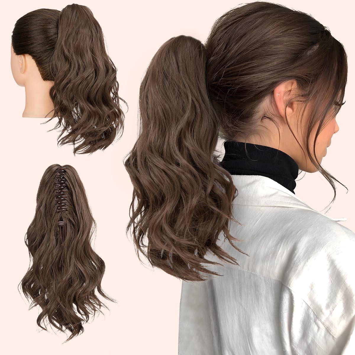 CJL HAIR 14″ Claw Clip Ponytail Extension Long Curly Hair Extension Natural Looking Synthetic Hairpiece for Women