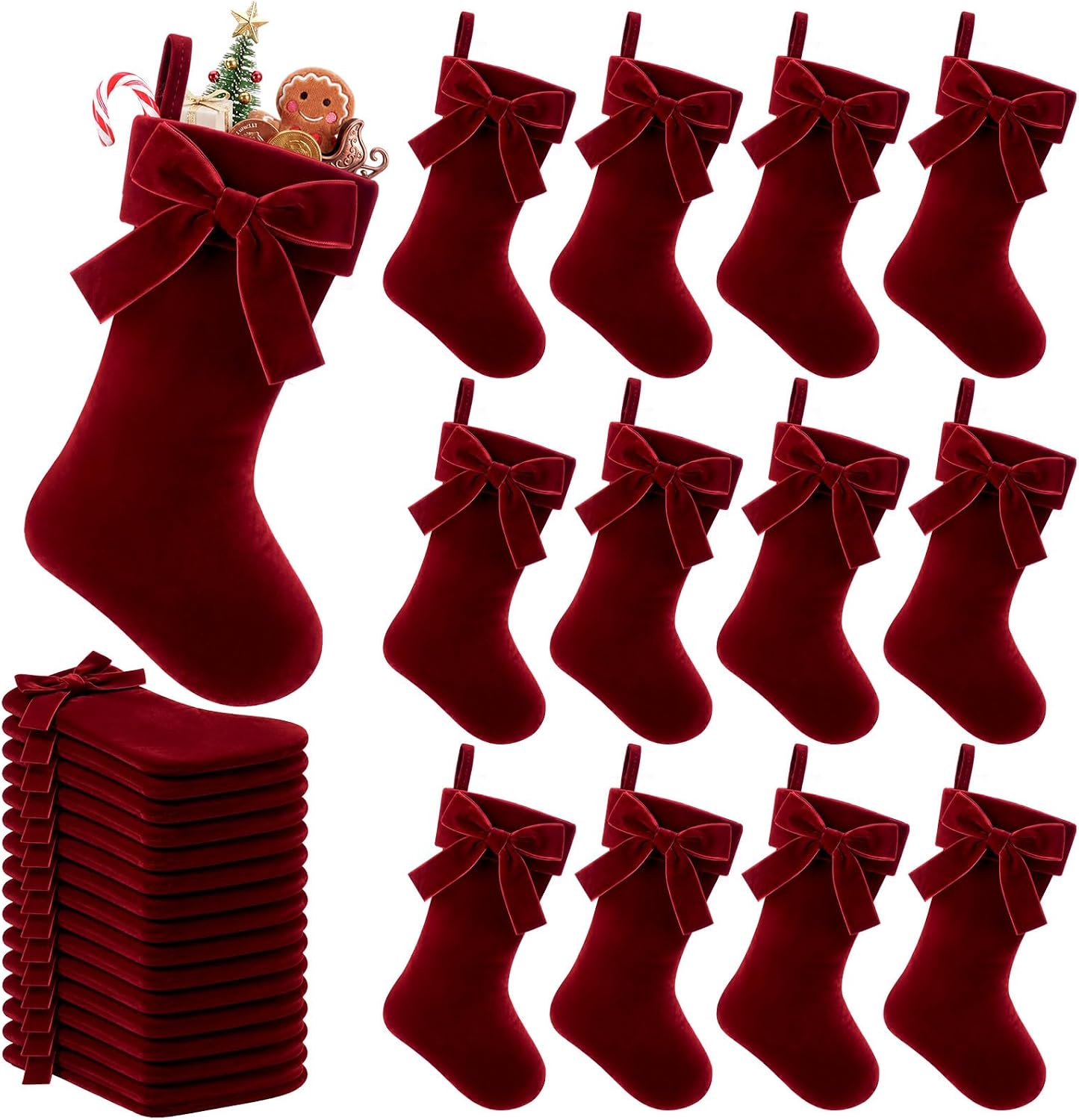 12 Pcs Christmas Mini Stockings 9 Inches Burgundy Velvet Stocking with Bow