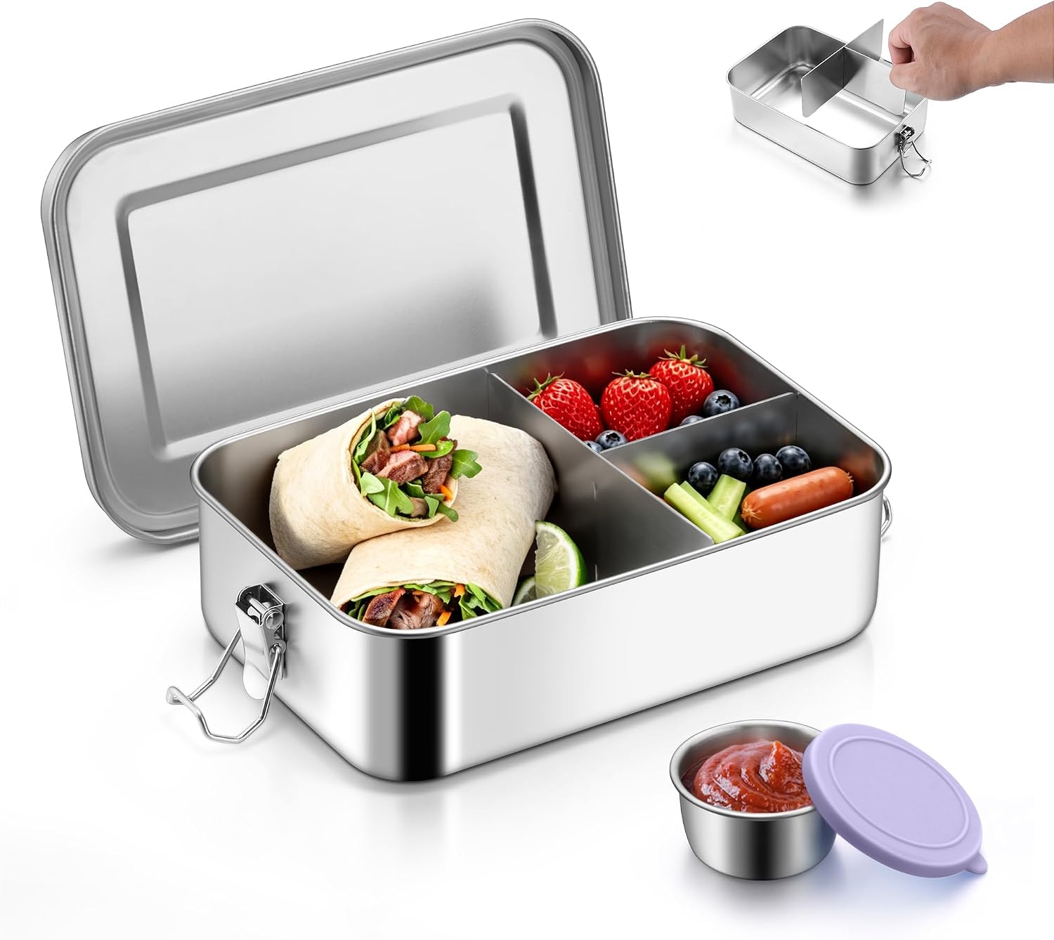 E-far Stainless Steel Lunch Box with 3 Compartments, 47oz for Kids & Adult