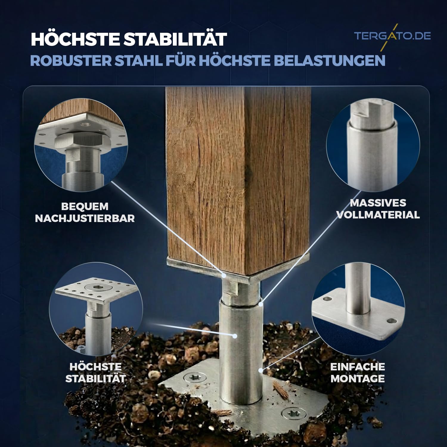Pfostenträger höhenverstellbar 140-190mm (2er Set) von Tergato | BASE Plus HV | Justierbar ohne Pfosten-Drehen | Schwerlast feuerverzinkt