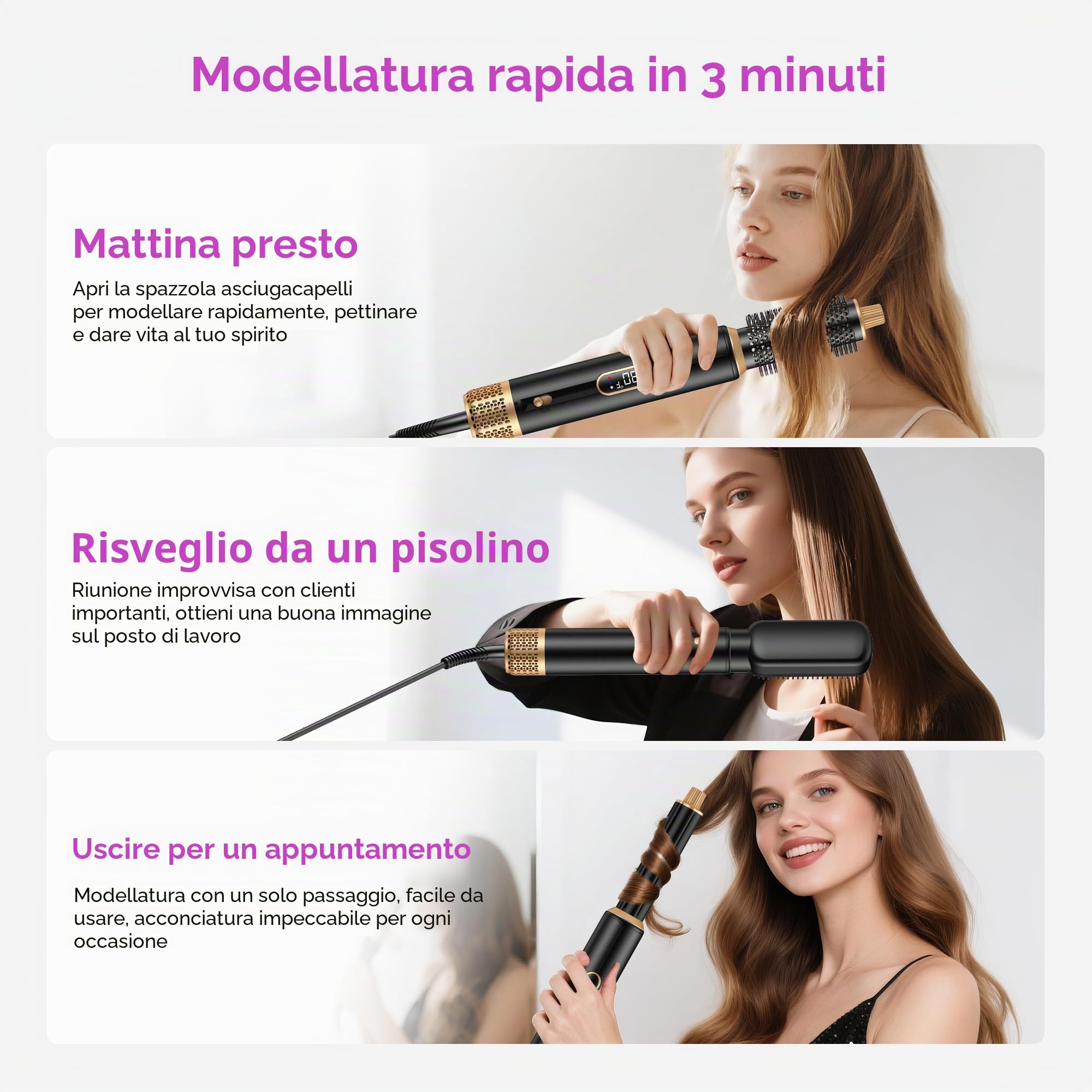 5 IN 1 Hairstyler 1000W Hairstyler, asciugacapelli con spazzola rotonda LCD Air Brush, ferro arricciacapelli e piastra per capelli, 3 livelli di temperatura per volume, lisciatura, riccioli e styling