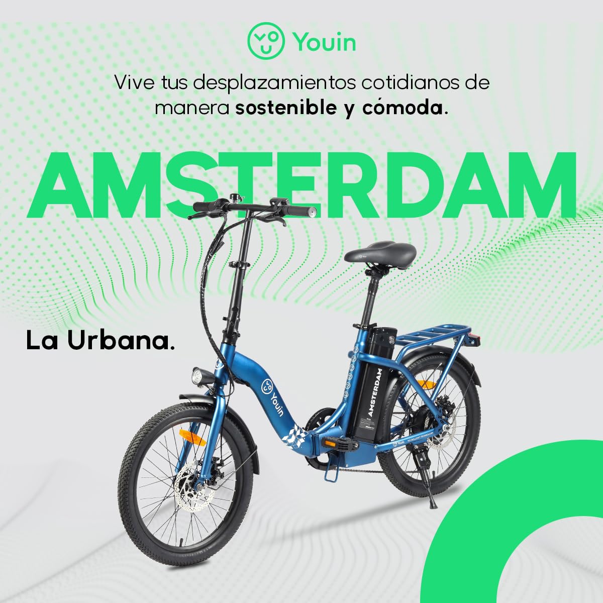 Youin Amsterdam Bicicleta Eléctrica Plegable 20" | Motor Trasero 250W 40Nm, Batería Extraíble 281Wh, Hasta 45 km de Autonomía, 7 Velocidades, Frenos de Disco