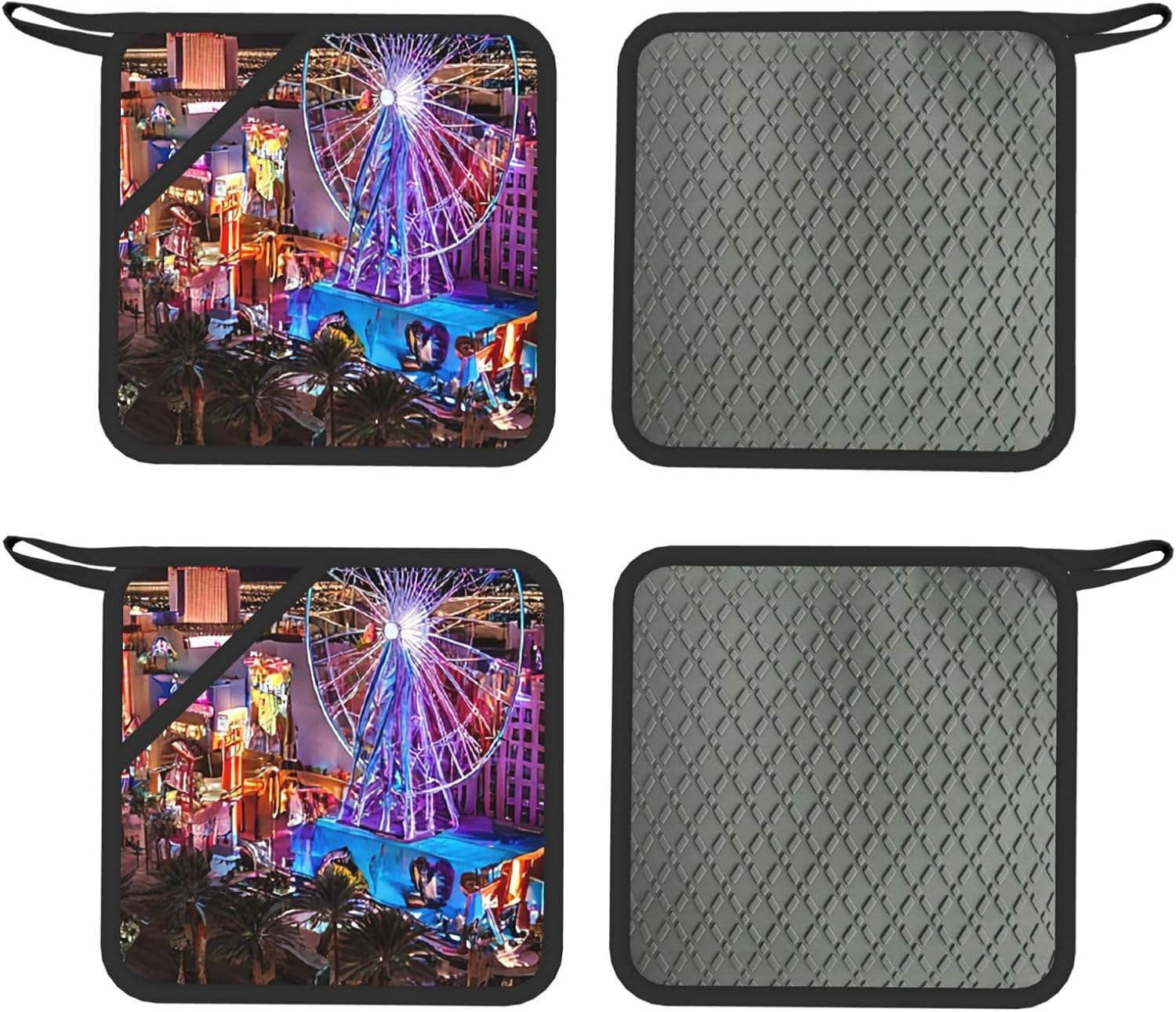 Las Vegas Night View Oven Mitts and Pot Holders Set of 4 Heat Resistant Kitchen Gloves with Silicone Palm Hot Pads for Baking Cooking Grilling BBQ