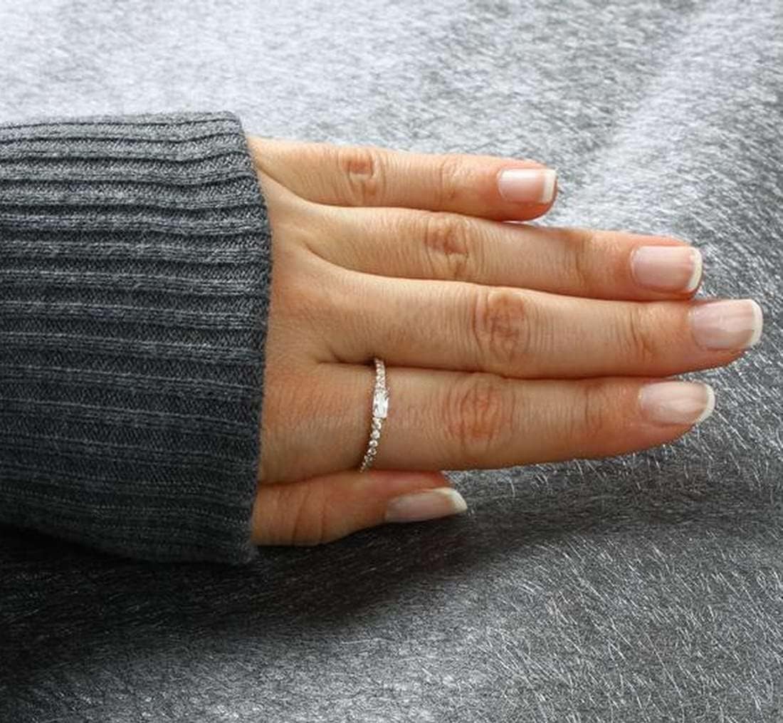 Baguette Gemstone Birthstone Ring - Ruby, Emerald, and More - Pave Setting Half Eternity Band - Wedding, Engagement, Promise, Birthstone Ring for Women