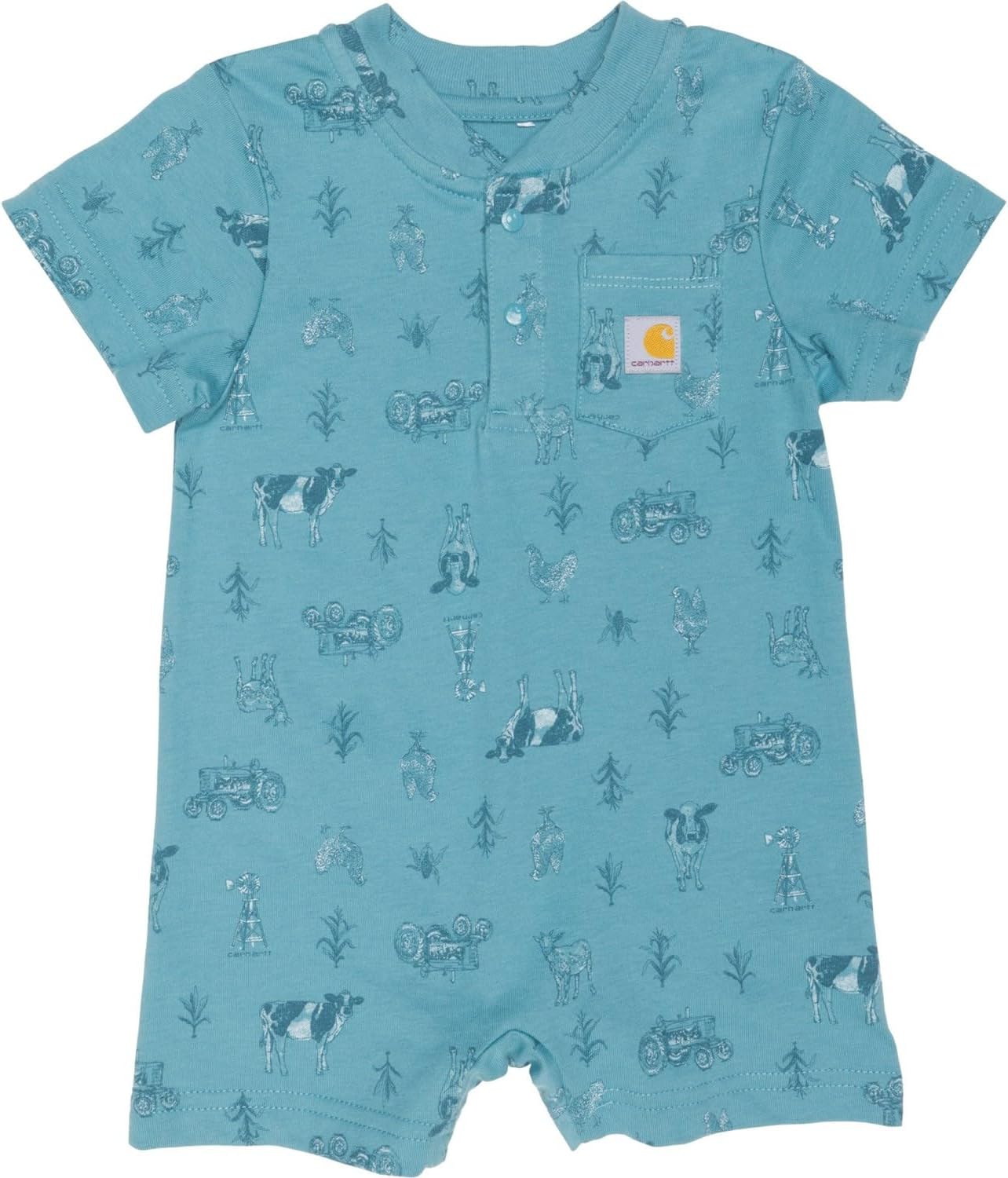 Carhartt 8772 | Infant Newborn Baby Boys' | Short-Sleeve Farm Print Romper | Adriatic Blue