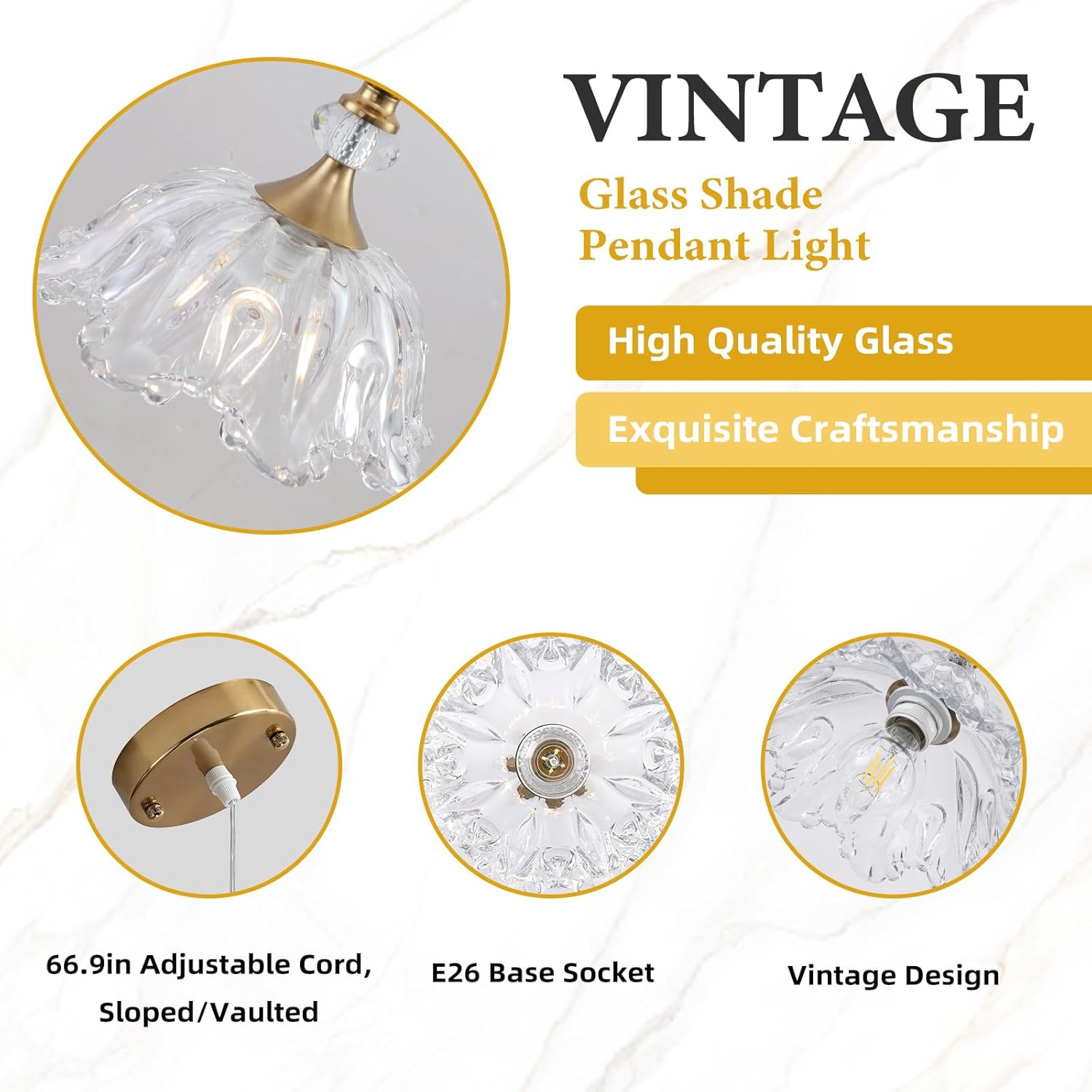 Glass Pendant Light, Gold Pendant Light Fixture with Flower Shade, Champagne Bronze Pendant Lighting for Kitchen Island, Dinnng Room, Living Room, Bedroom, Bar