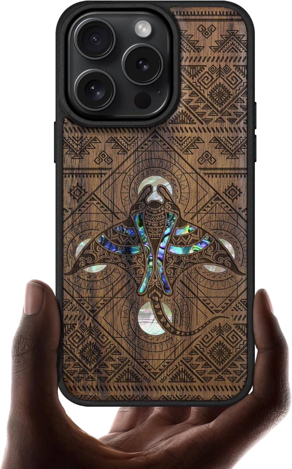 Carveit Magnetic Case for iPhone 16 Pro Case, Wood Artisan Engraved & Handmade Shell Inlaid, TPU Shockproof Cover, Compatible with MagSafe Wireless Chargers (The Tribal Manta Rays) Walnut