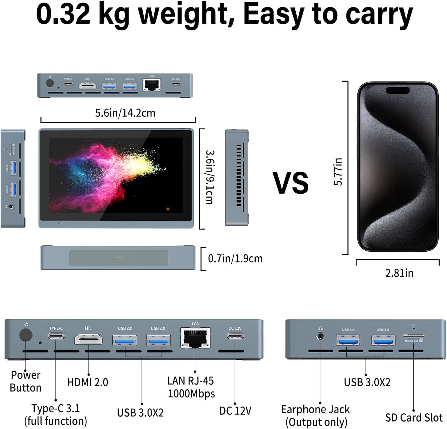 Mini PC Computer Mini Desktop Computer PC with 5.5" Touchscreen Display, N5095, 16GB Ram 256GB ROM, Win11 Pro, Dual Output HDMI 2,0 & Type-C3.1, 5000mAh Battery, WiFi5,0, WOL RJ-45