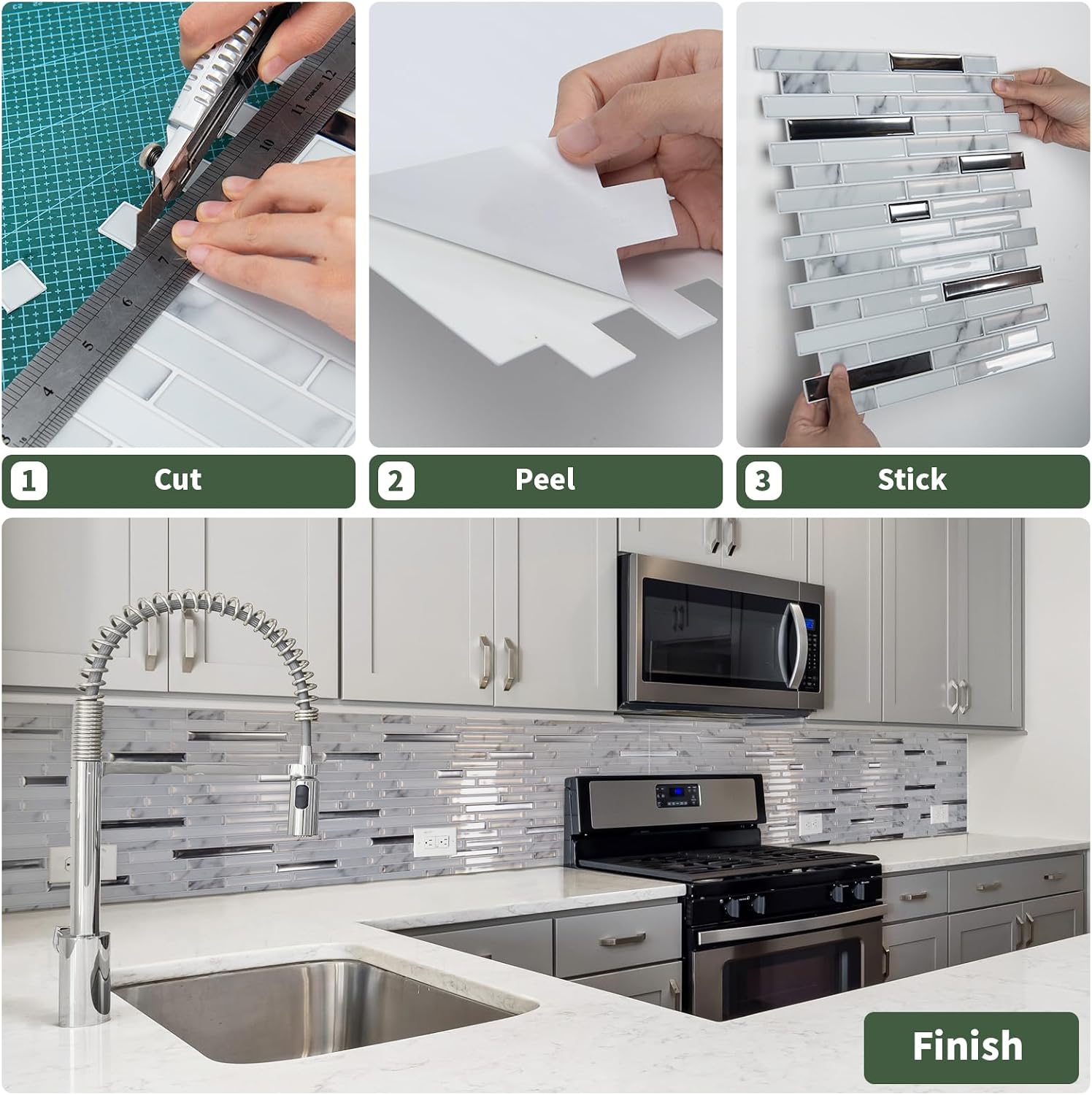 LONGKING 10-Sheet Extra Thick Peel and Stick Backsplash Tiles, Waterproof Kitchen Backsplash Peel and Stick Tile, Self-Adhesive Backsplash for Kitchen, Gray Marble