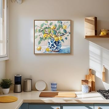 Framed Vintage Kitchen Wall Art Yellow Lemon Still Life spring Painting Lemon Wall Decor for Dining Room Rustic Farmhouse Artwork Canvas Posters Prints Pictures for Bathroom Living Room 12"x12"