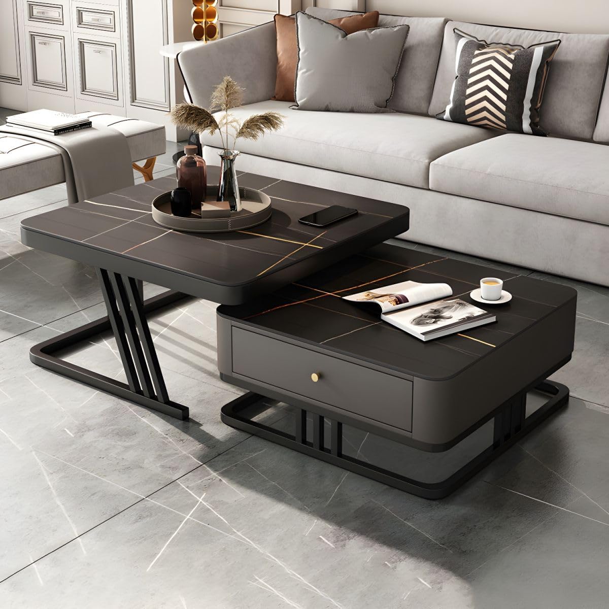 Iron Gold Frame Handmade 20" X 20" Drawer Square Marble Look Coffee Table Set of 2 Piece - Nesting Table Sofa Center Table for Living Room (Black & Black)