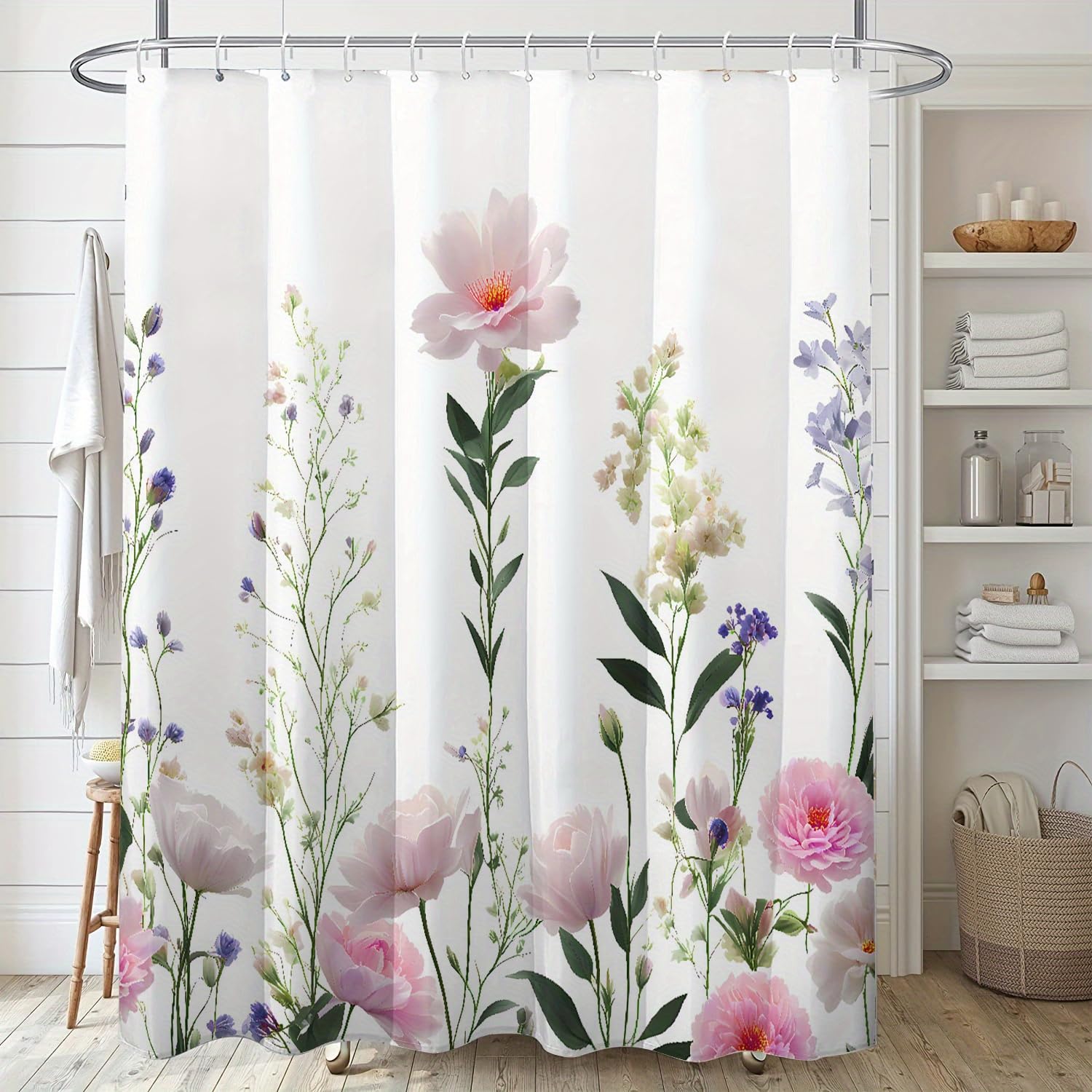 Rideau de douche fleurs roses imperméable en tissu 120x240 cm