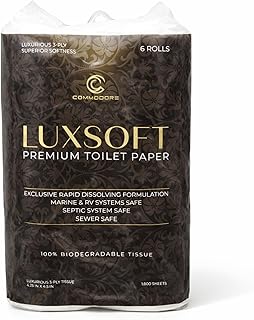 COMMODORE LUXSOFT Deluxe RV Toilet Paper (6 Rolls) - 3 Ply Premium Soft Quick Dissolving Septic Safe Marine 300 Sheets/Roll Boat Camper Bath Tissue Luxury Absorbent Comfort White | Quick Dissolving