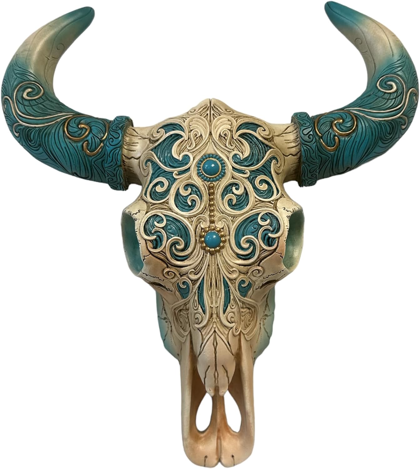 De Leon Collections Country Cow Bull Skull Home Décor, Western Hanging Wall Sculpture, 13 inch Polyresin, Turquoise Horns