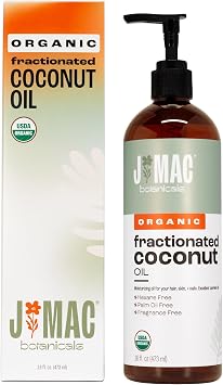 J Mac Botanicals، زيت جوز الهند المجزأ العضوي 16 أونصة. مع زيت حامل المضخة لتخفيف الزيوت العطرية، اتركه في مكيف للشعر الجاف التالف، الجلد، التدليك