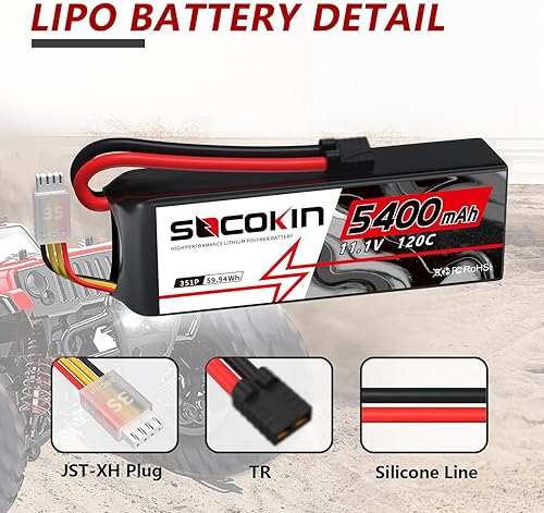 Miniatura 2 de Socokin 3S Lipo Batería 11.1V 3 celdas 5400mAh Lipo Baterías 120C Soft Case RC Lipo Batería con TR Plug para Arrma 110 RC Crawler Buggy Truggy