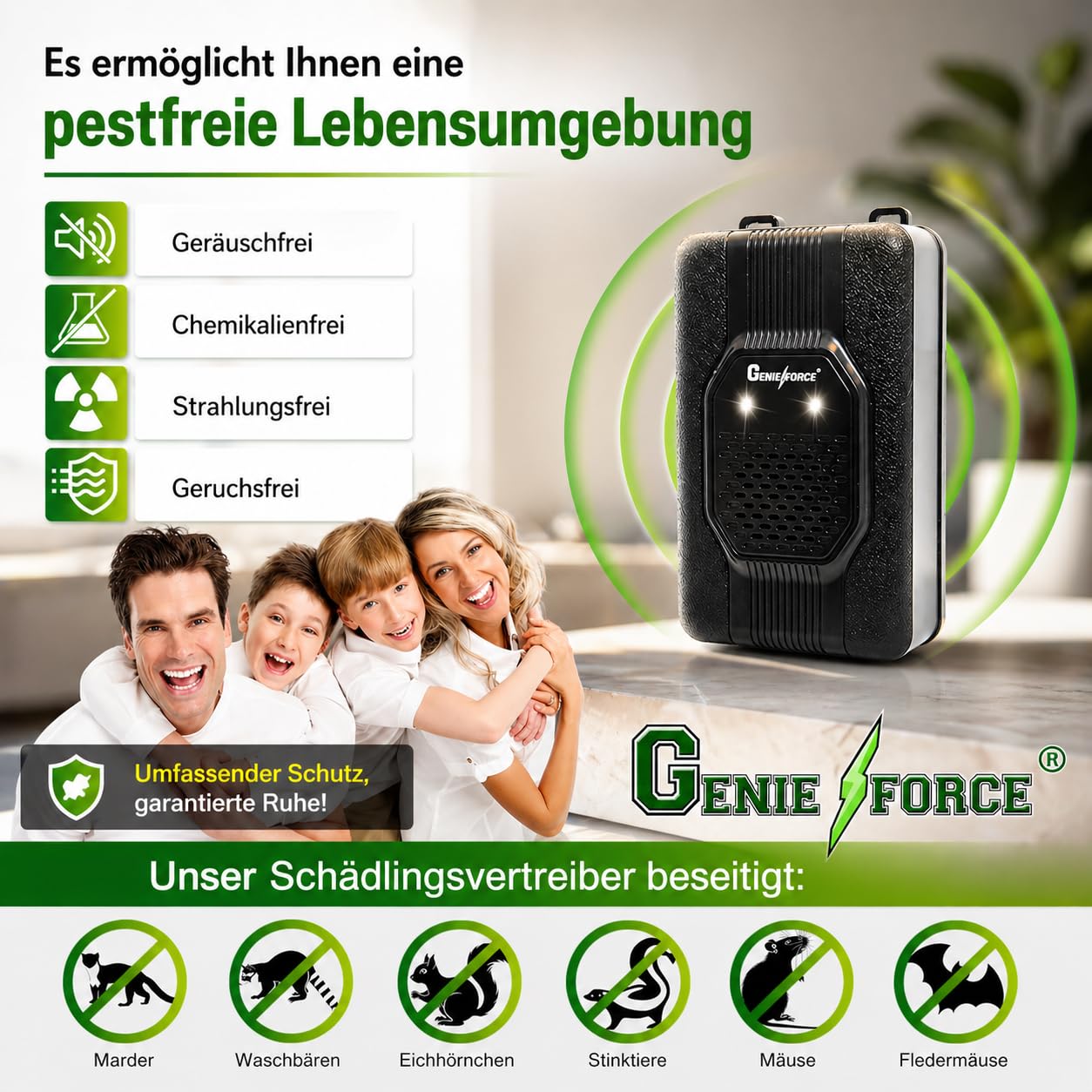 2 x Genieforce® Marder Combat+ Marderschutz, Marderschreck Ultraschall, Marderabwehr, Mäuseabwehr für Autos, Haus, und Garten, Anschluss an 12V Autobatterie, USB oder Batteriebetrieb - GF-JC-77