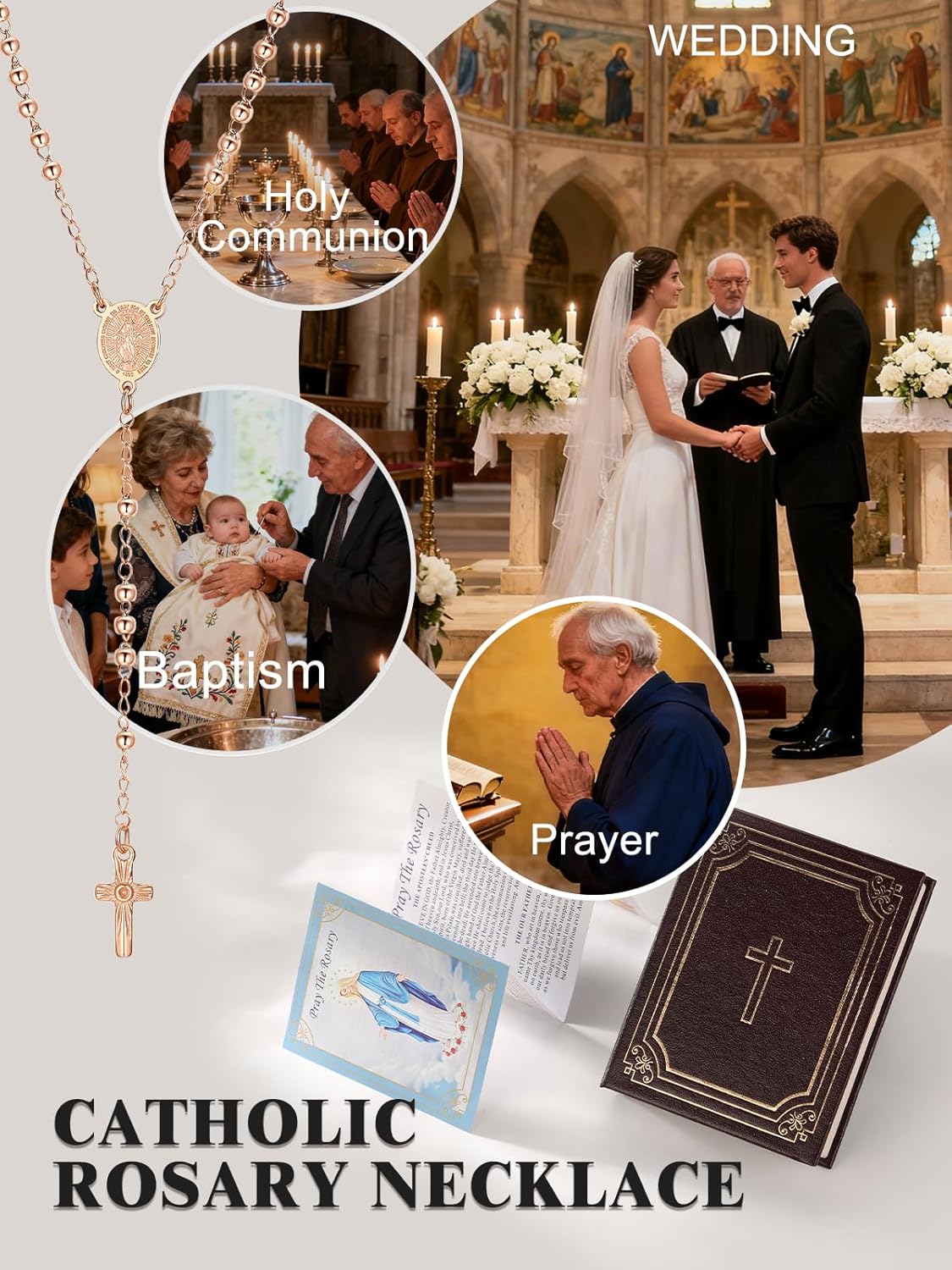 FOCALOOK Rosary Chain Necklace Virgin Mary Prayer Necklace with Crucifix/Jesus Cross Pendant Catholic Long Y Drop Chain Jewelry Gift for Women Men (with Rosary Box & Pray Card)