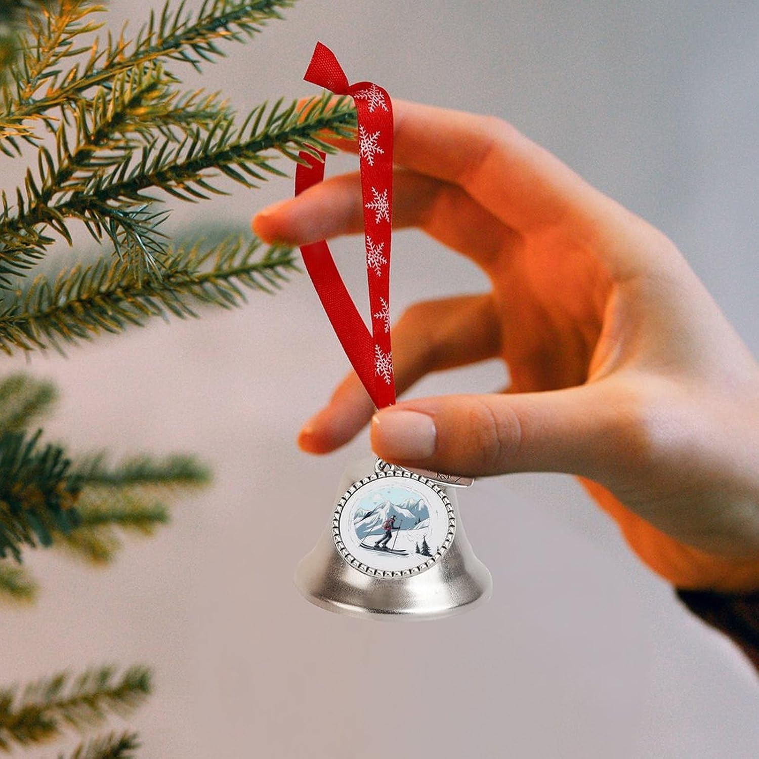 Skiing Theme Bell Ornament Red Ribbon for Christmas Tree Holiday Decoration Personality Believe Bell Ornaments Sleigh Bells for Winter New Year Party Supplies