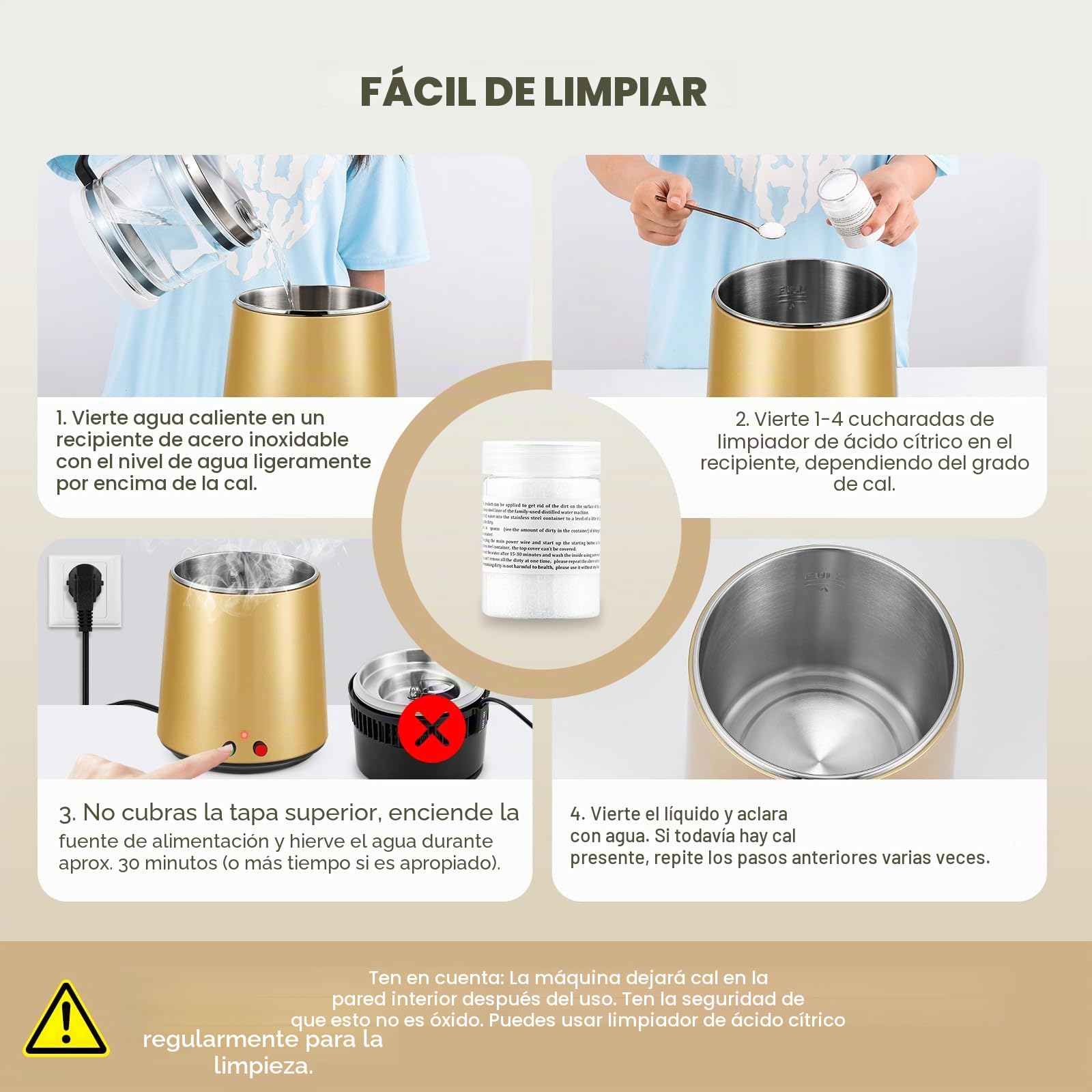 Hanchen Destilador de Agua 4L Acero Inoxidable Purificador de Agua con Jarra de Vidrio 1L/H Máquina de Agua Destilada para Hogares Laboratorios Industrias (Dorado)