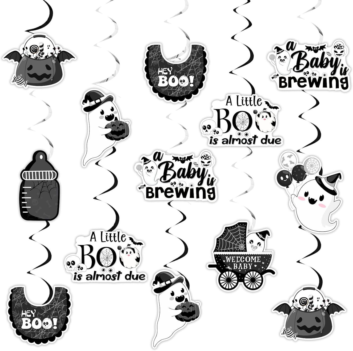Halloween Baby Shower Decorations Black White 24pcs A Little Boo Is Almost Due Hanging Swirls A Baby Is Brewing Party Little Boo Party Decor Spooky Hanging Streamer for Pregnancy Celebration