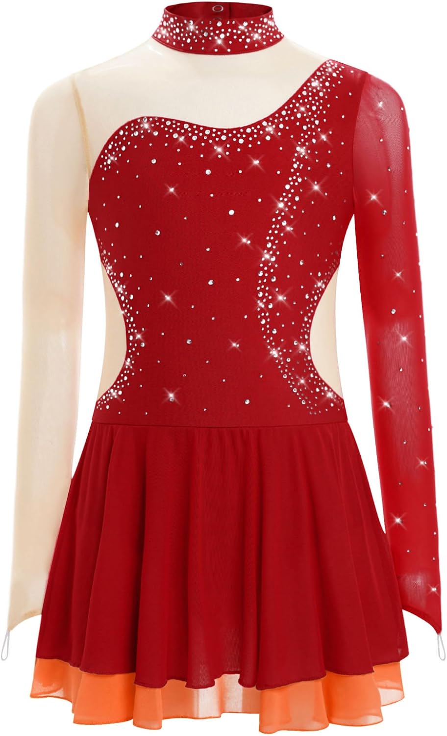 Kids Girls Lyrical Figure Skating Dance Dress Bodysuits Rhinestones Long Sleeve Mock Neck Keyhole Costume