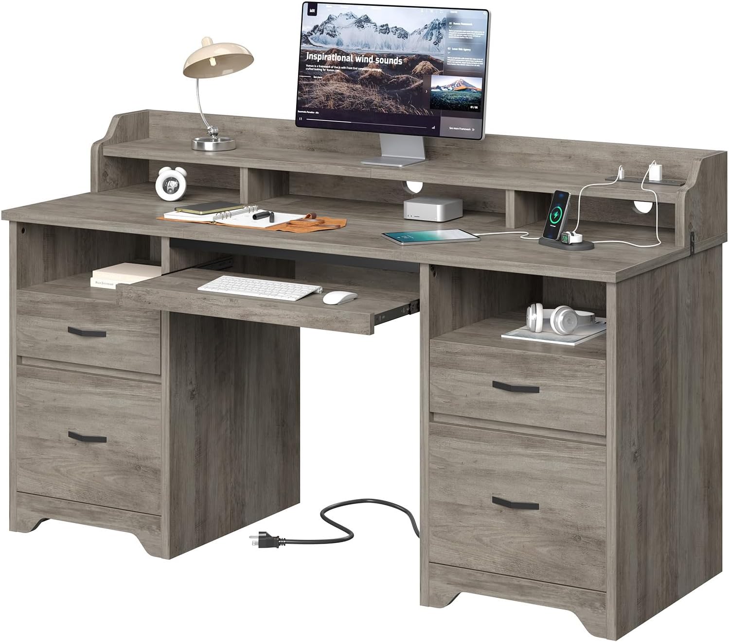 Bestier Farmhouse 59" Executive Desk with Drawers, Wood Computer Desk with Charging Station, Home Office Desk with Keyboard Tray & Monitor Stand, Sturdy Pedestal Desk for Work Study, Grey