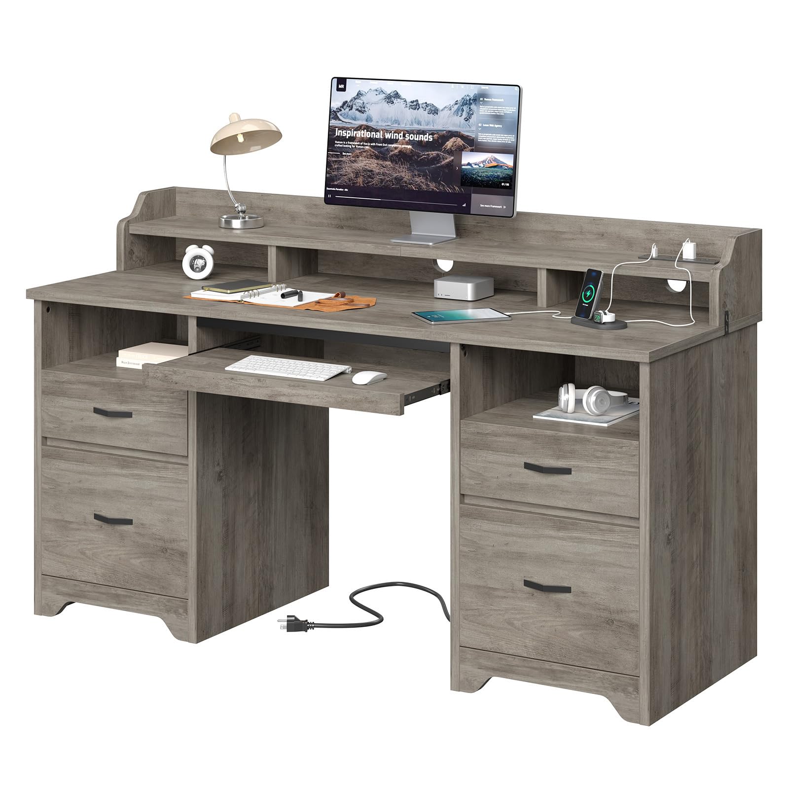 Bestier Farmhouse 59" Executive Desk with Drawers, Wood Computer Desk with Charging Station, Home Office Desk with Keyboard Tray & Monitor Stand, Sturdy Pedestal Desk for Work Study, Grey