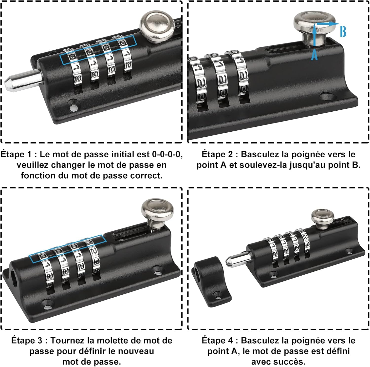 Four-step diagram showing how to set the combination on the Spopal lock latch