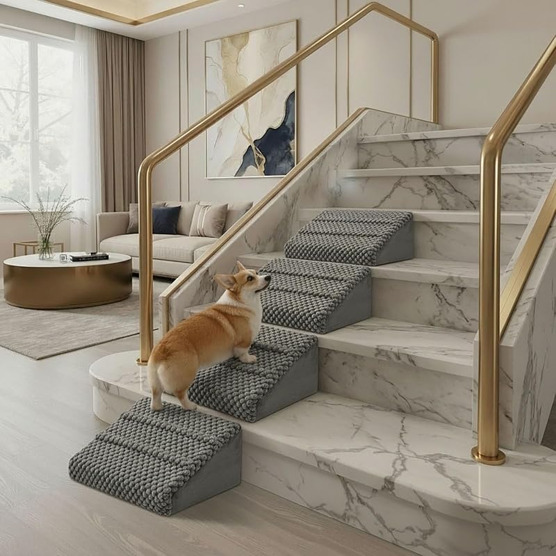 Rampa para Cães em Escadas com Espuma Antiderrapante e Capa de Corduroy Lavável ZJDJEZJD Cinza – Pacote com 4