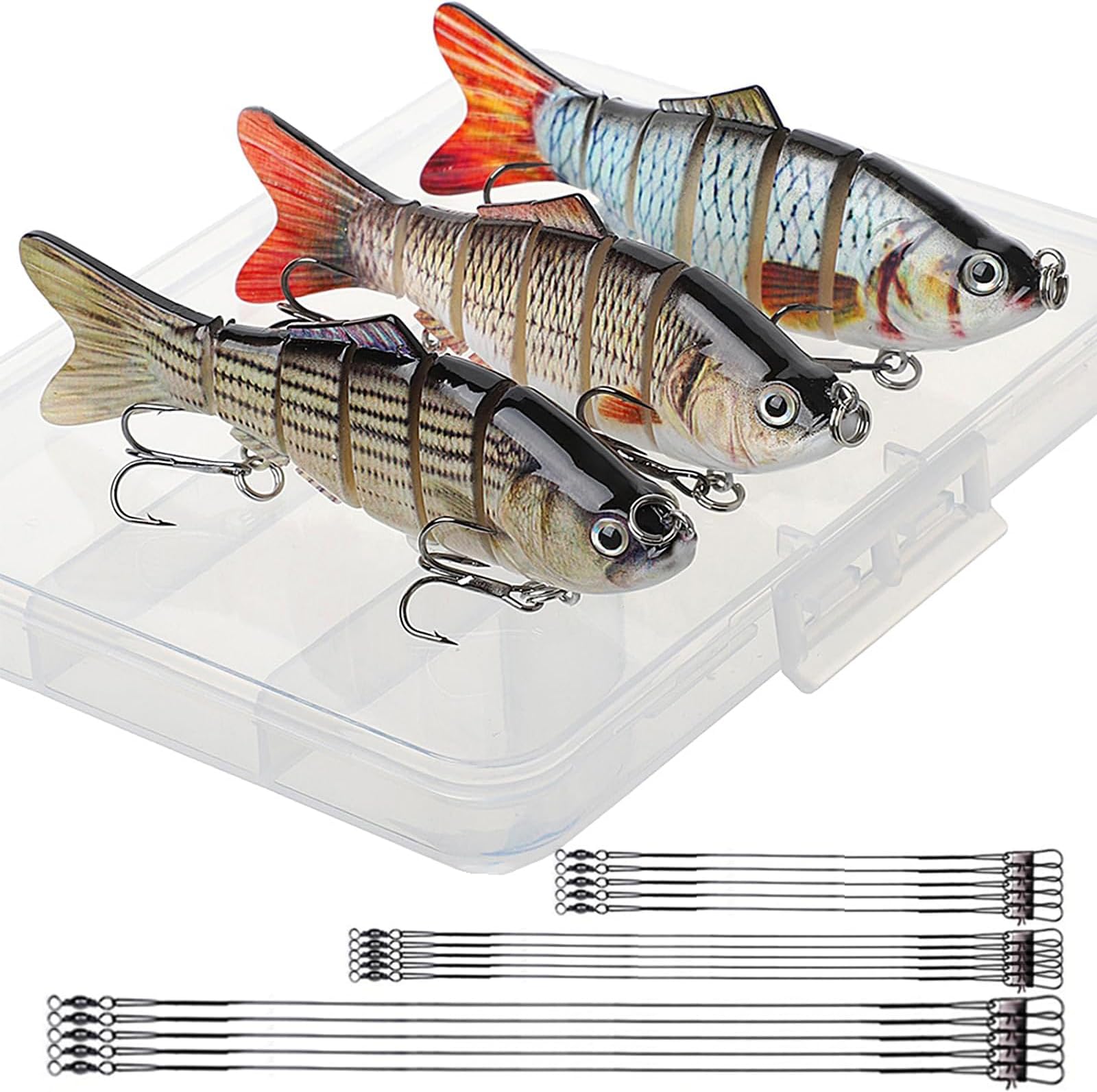 Realure 3 Pcs Multi Jointed Pike Fishing Lures with 15cm 23cm 30cm Wire Traces Pike Lures Sets 3D Artificial Lures with Hooks Slow Sinking Lure with Wobbler for Freshwater Saltwater