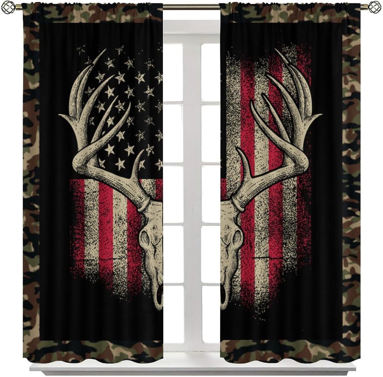 Deer Antler Flag Camouflage Curtains Green Black Western Rustic Wildlife Rod Pocket Blackout Window Curtains for Boys Teens Adult Men Bedroom Living Room 42" W X 45" L