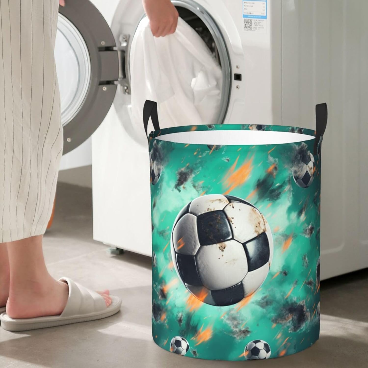 Soccer Laundry Basket With Handles, Foldable Laundry Hamper Oxford Cloth Dirty Clothes Basket Waterproof Clothes Toys Storage Bin Organizer for Bedroom Bathroom Dorm