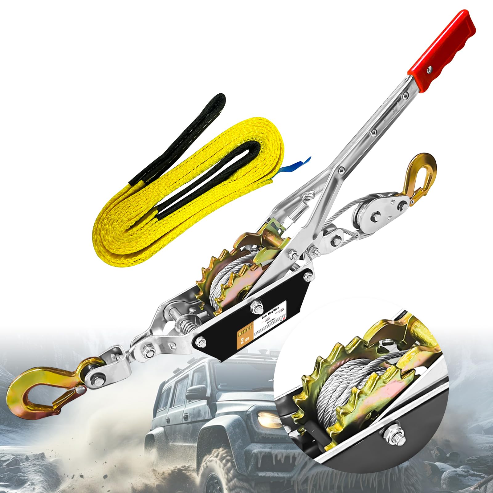 SENKEYFE Come Along Winch Heavy Duty, 10FT 2T Come Along Pulling Tool 2 Gears 2 Hooks, Cable Winch Puller, Come Along Power Puller Ratchet Tool for Construction Automotive Farm Fences (with Straps)