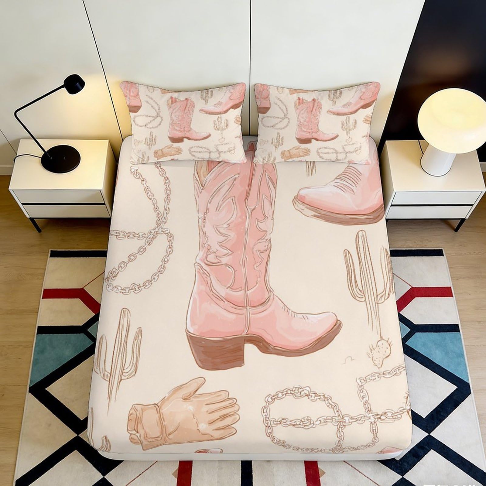 3D Printed Cowboy Boot Fitted Sheet Microfiber Pink Western Rodeo Bed Cover for Bedroom Dorm Mattress Decor 90x200x25cm