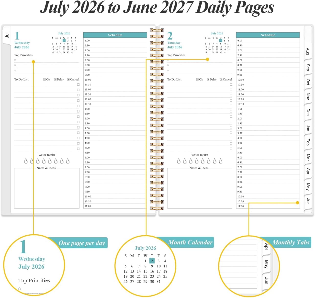 2026-2027 Daily & Monthly Planner - One Page Per Day, Daily Planner from July 2026 - June 2027, Planner 2026-2027 with 12 Monthly Tabs, 8.5" x 11", Flower-A