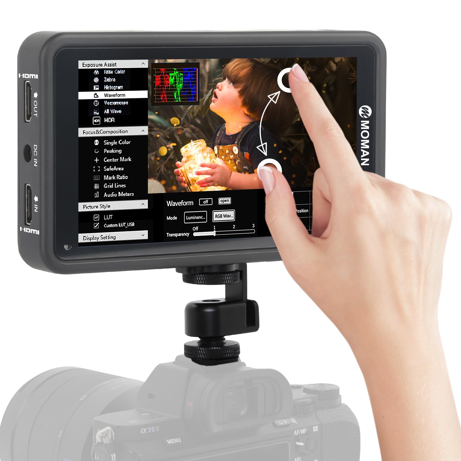 Moman M5 Monitor-Esterno-Reflex-4K-DSLR 5.5 Pollici Touch Screen 450nits, Monitor da Campo 1920 * 1080 Full HD con 3D LUTs/HDR, Monitor Mirrorless