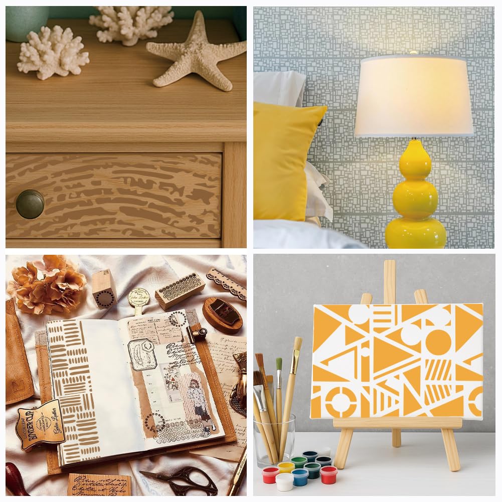 GOMAKERER 12 Pcs Decorative Painting Templates, 12 Styles Brick Layered Texture Painting Stencils Reusable Art Drawing Templates for Drawing on Wall Wood Home Decor - Image 4