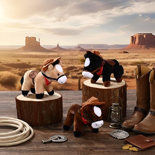 Miniatura 2 de Paquete de 9 animales de peluche de 4 pulgadas, mini juguete de peluche de pie con sombrero de vaquero y bandana, cadena desmontable para temática