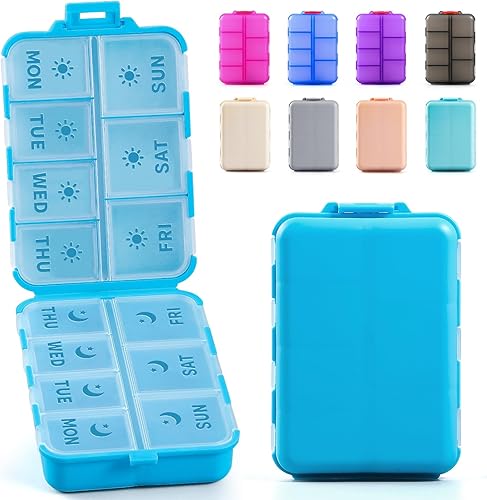 NEW Foldable & Double Protection Portable Weekly Pill Organizer 2 Times A Day with Etched Labels, AM PM 7 Day Week Medicine Box, Daily Travel Pill Case Holder Dispenser for Vitamin, Supplement - Khaki