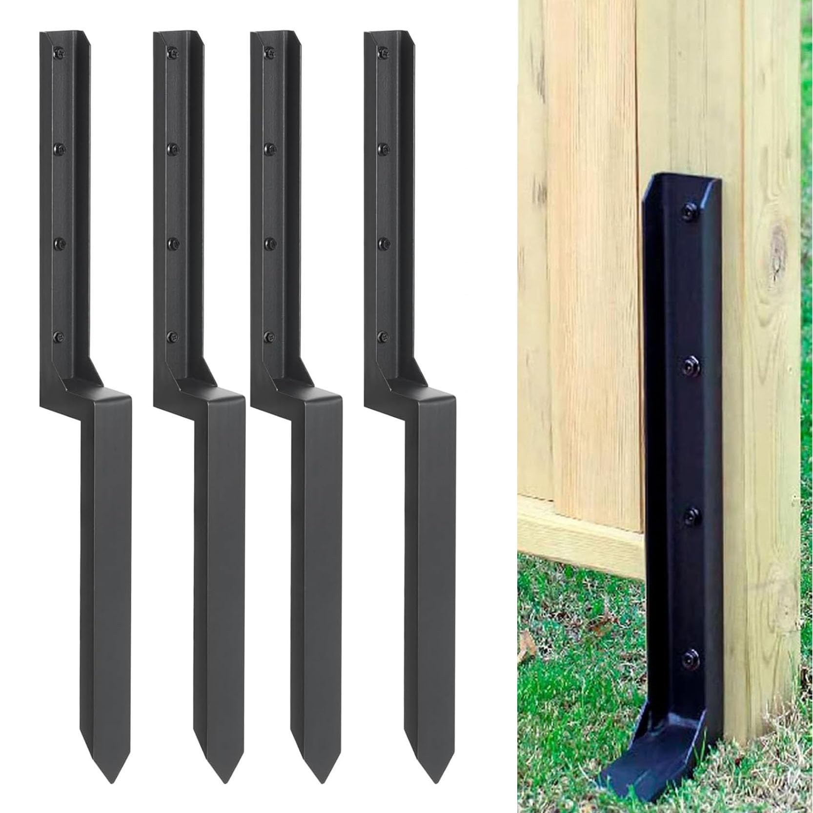 GOUZIBHD 4PCS Fence Post Repair Kit, Heavy Duty H-Shape Ground Stakes, Fence Post Anchor Ground Stakes for Repair Tilted Broken Wood Support, Fence Stakes Post Base