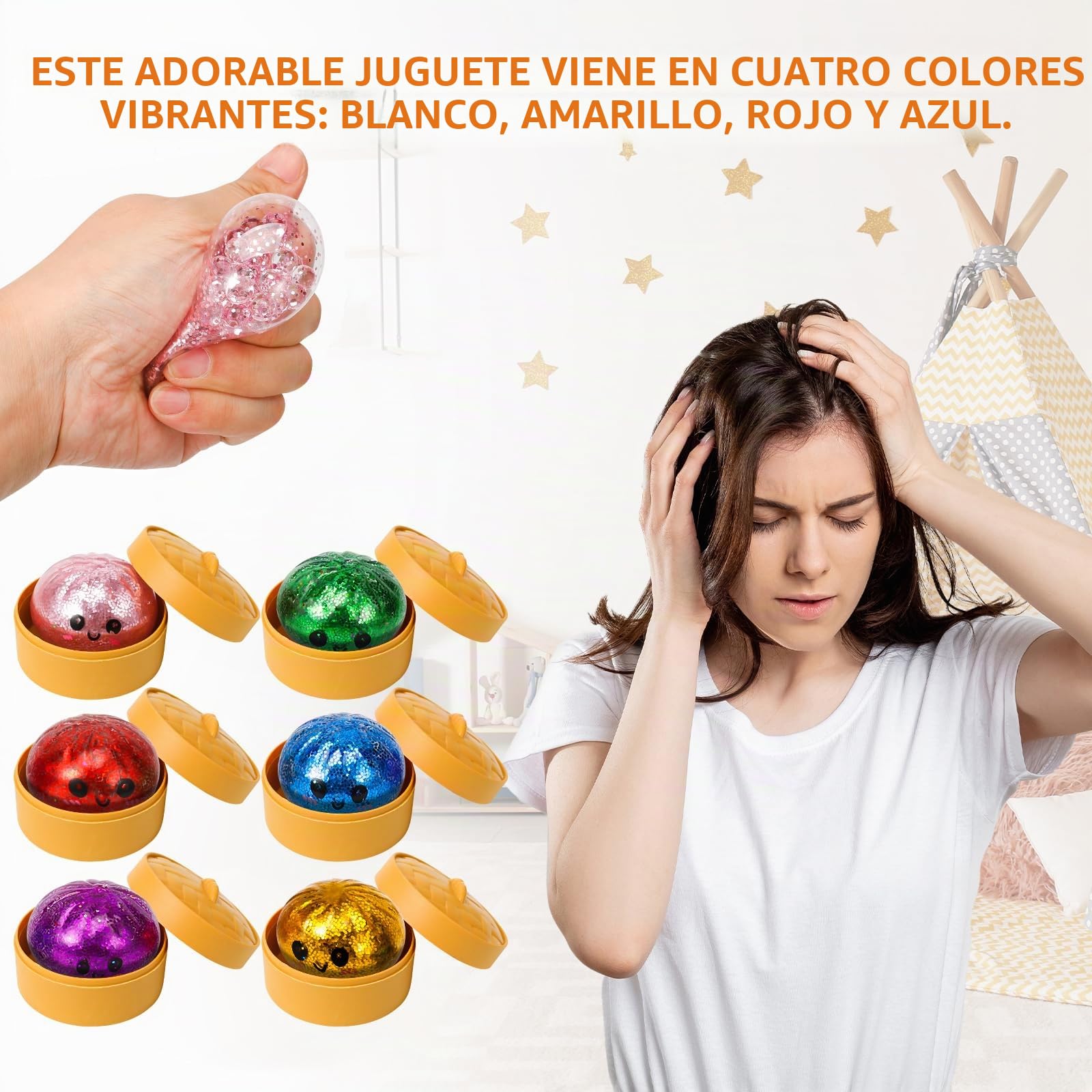 Caja De 12 Bolas De Masa Squishy Brillantes – Juguete Antiestrés De TPR, Lento Al Recuperar, Surtido De Colores, Con Cesta De Vapor