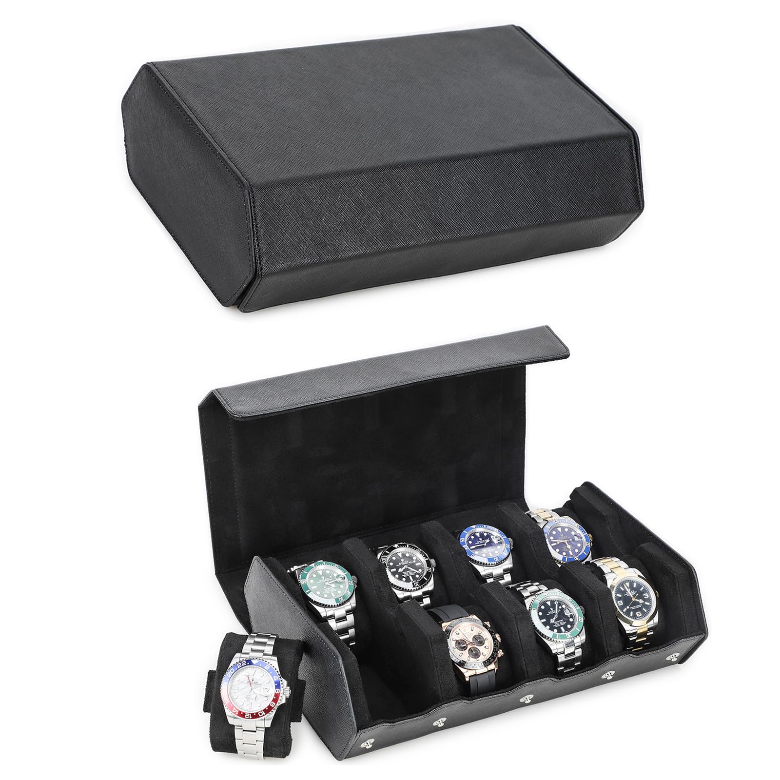 HVMBEUGOS Hiram Hexagon Watch Storage Case Genuine Leather Watch box for 8 Watches Protective Storage Organizer Box for Watches (Black)