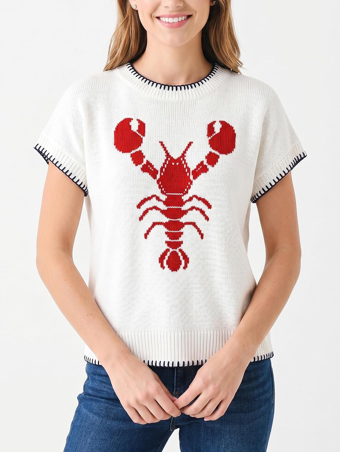 Women's Lobster Knit Tops Short Sleeve Crew Neck Contrast Trim Sweater