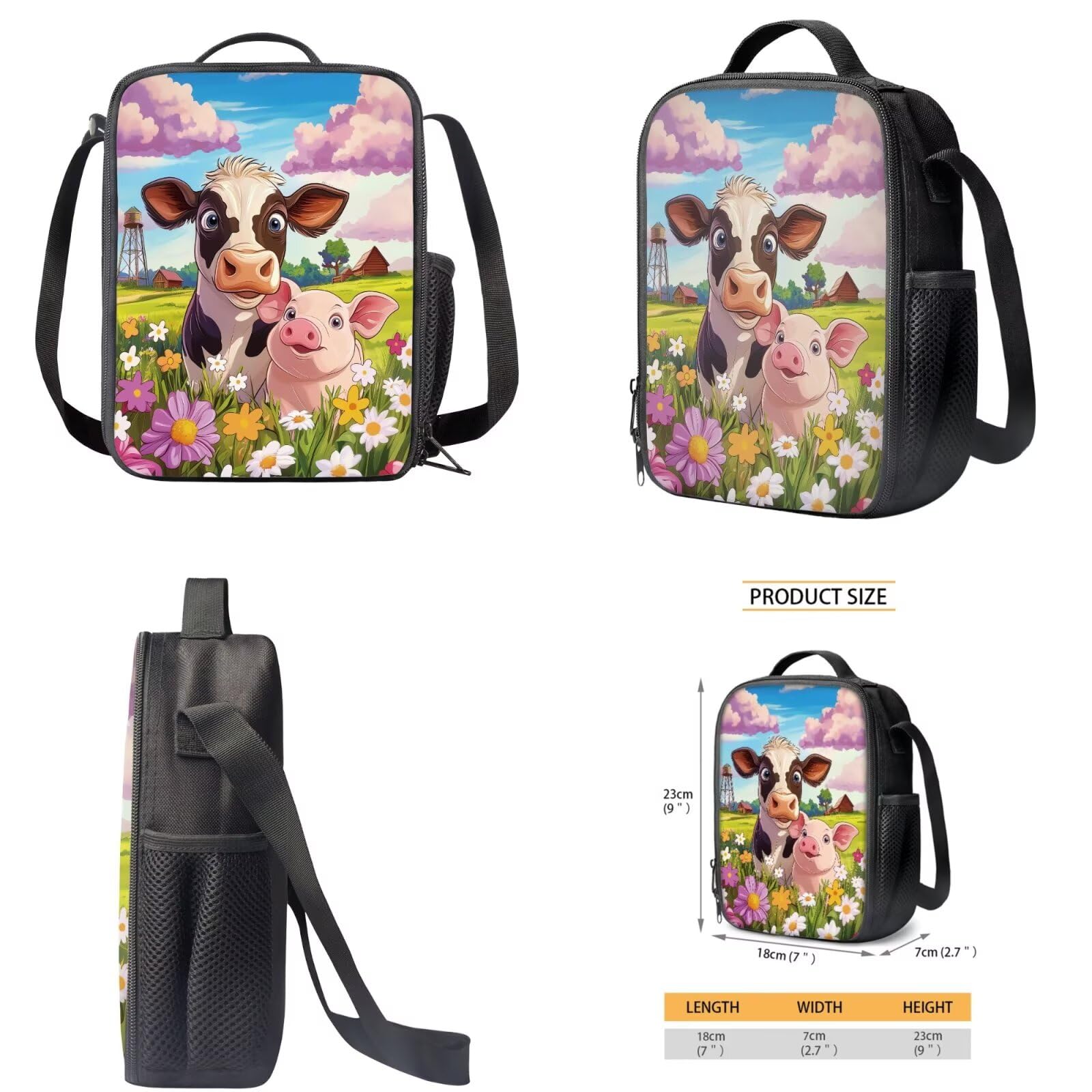 Zaino per bambini con borsa per il pranzo, set leggero per libri scolastici, 4 pezzi, per regali per il rientro a scuola, Mucca e maiale