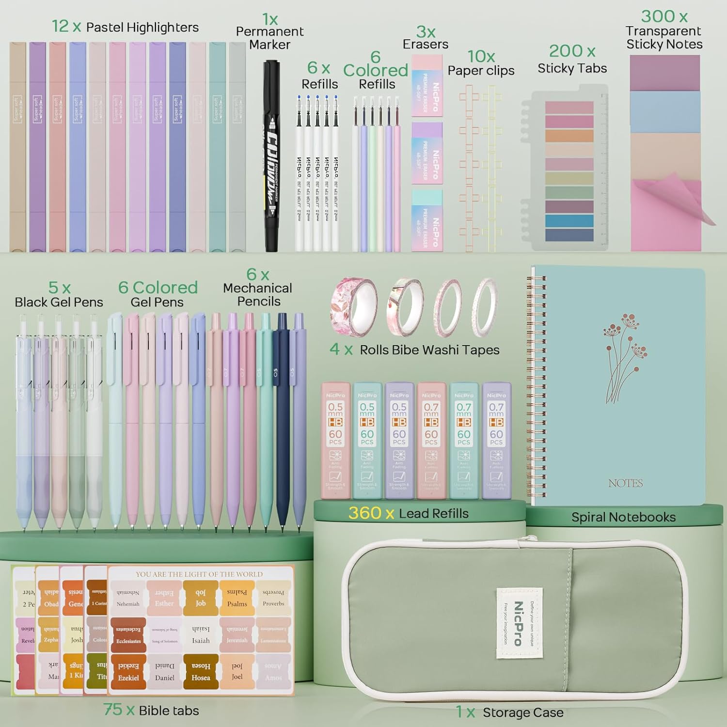 Nicpro 76PCS Bible Study Supplies Journaling Kit for Women, Bible Journal Set, Christian Gifts, Cute Spiral Notebook Stationary Set with Pen Case, Pastel Highlighter & Gel Pens No Bleed, Sticky Notes