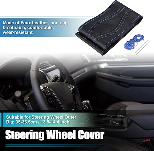 Miniatura 2 de uxcell Funda para volante cosida a mano, puntada azul con aguja e hilo, ajuste universal de 13.8-14.4 pulgadas de diámetro para automóvil y camión,