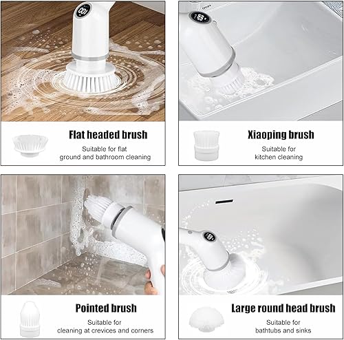 Miniatura 5 de Limpiador giratorio eléctrico, 2024, nuevo limpiador de ducha inalámbrico, con monitor y mango largo, con 8 cabezales de cepillo reemplazables y 3