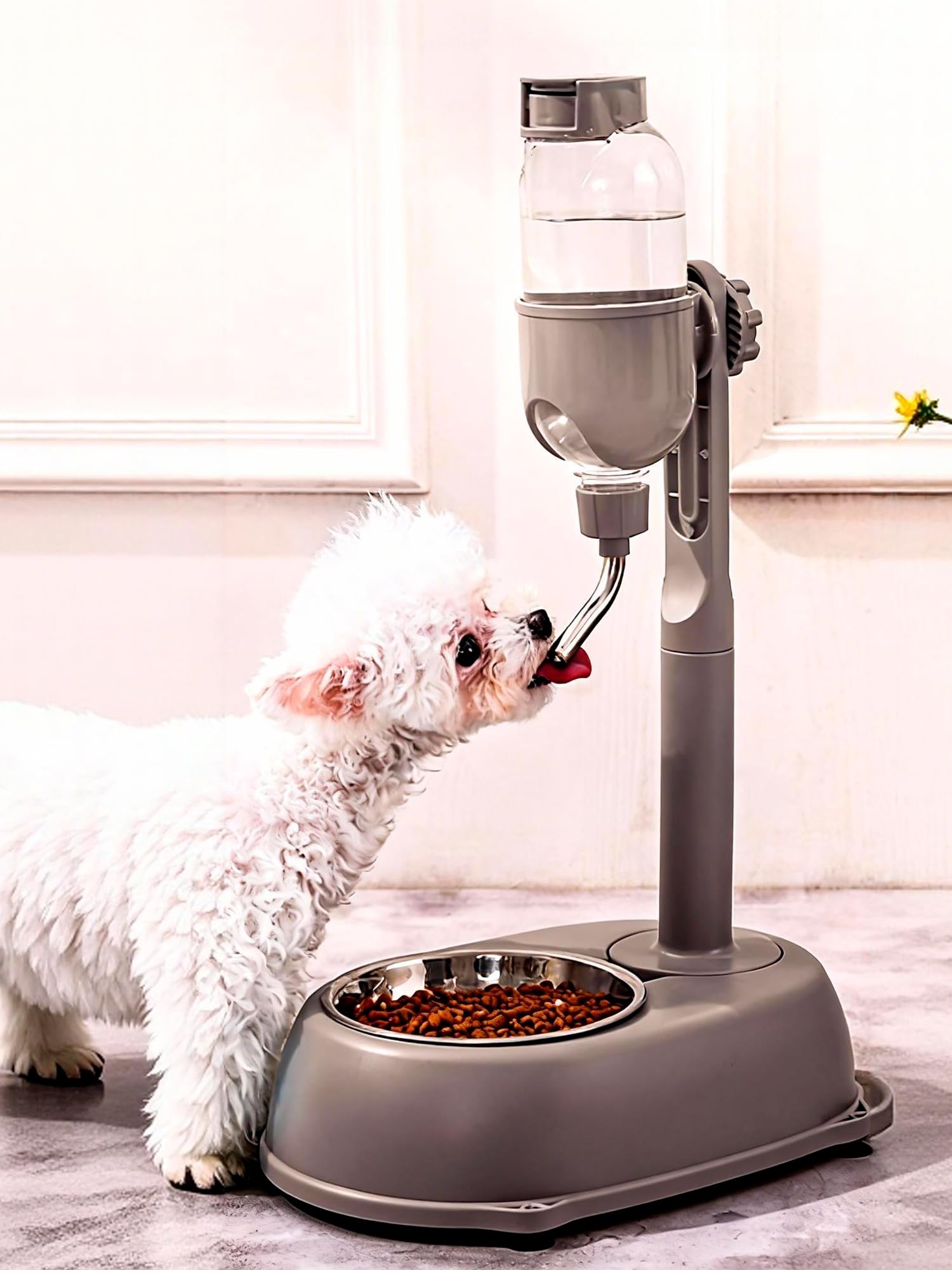 Dispensador de agua para mascotas, cuenco dispensador de agua de pie para mascotas, 2 en 1, 500 ml, altura desmontable multifuncional, poste de agua automático con soporte para perros y gatos