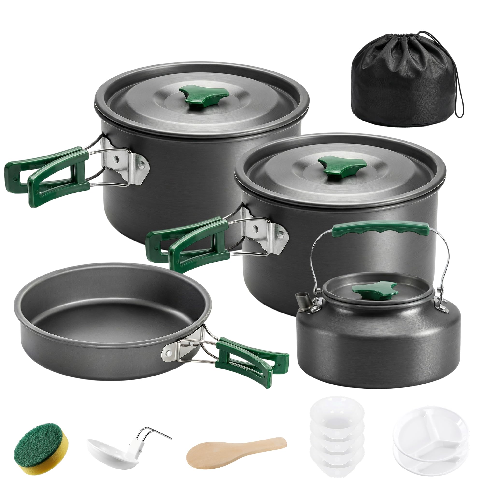 Outsunny Set di Pentole da Campeggio per 4-5 Persone, Leggero Kit da Cucina in Alluminio con Manici Anti-Scottatura, Pentole e Padelle Portatili per Escursionismo, Campeggio e Picnic, Grigio
